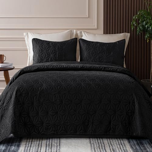 Whale Flotilla California King Quilt Bedding Set, Soft Black Oversized Bedspreads Quilts Cal King Size for All Seasons, 3 Pieces Lightweight Geometric Star Pattern Coverlet Whale Flotilla