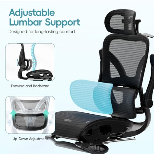 Alllion Ergonomic Mesh Office Chair, Home Desk Chair Comfy High Back with Adjustable Lumbar Support, 3D Headrest, Flip-up Arms, Big and Tall Reclining Computer Gaming Chairs for Men Women, Black Alllion