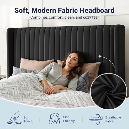 Allewie Queen Size Lift Up Storage Bed Frame, Hydraulic Support System, Upholstered Platform Bed Frame, Underneath Storage, Vertical Channel Tufted Headboard with Wingback, No Box Spring Needed, Black Allewie