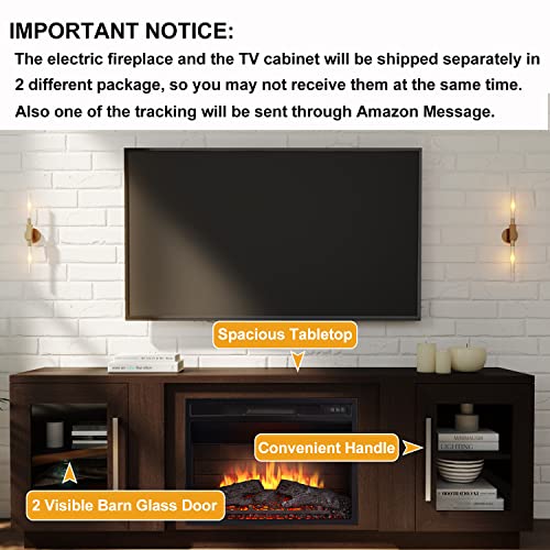 Cheerway 3D Fireplace TV Stand for TVs up to 80’’, Wooden Media Entertainment Center Table & TV Cabinets w/Storage Shelves & Barn Door, Electric Fireplace w/Remote Control Cheerway