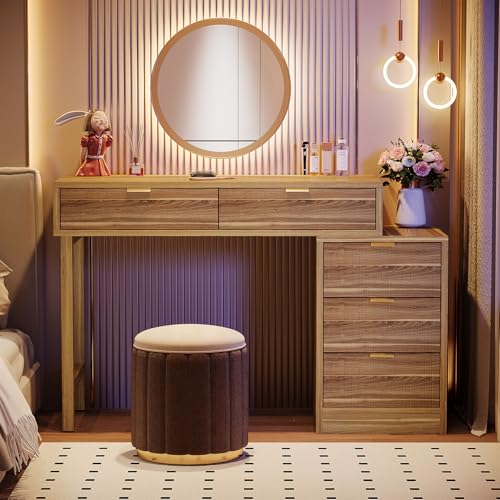 Tribesigns Makeup Vanity Desk with 5 Drawers, Modern Small Dressing Desk with Storage, Wood Make Up Table for Bedroom, Narrow Space (Without Mirror), Walnut Brown Tribesigns