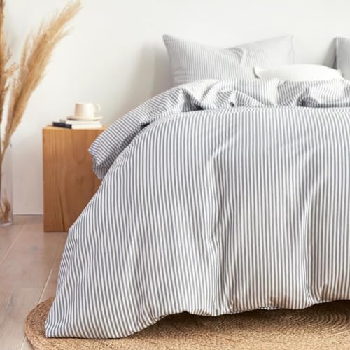 Wake In Cloud - Striped Comforter Set, 100% Cotton Fabric, Ticking Stripe Vertical Pinstripe Neutral Farmhouse Aesthetic, 3 Pieces Bedding Set, Gray, King Size Wake In Cloud