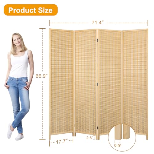 Salfanre Bamboo Room Divider 4 Panel, Folding Privacy Screens for Room Separation, 5.6 FT Freestanding Room Divider for Home, Bedroom and Office, Assembly-Free, Natural Salfanre