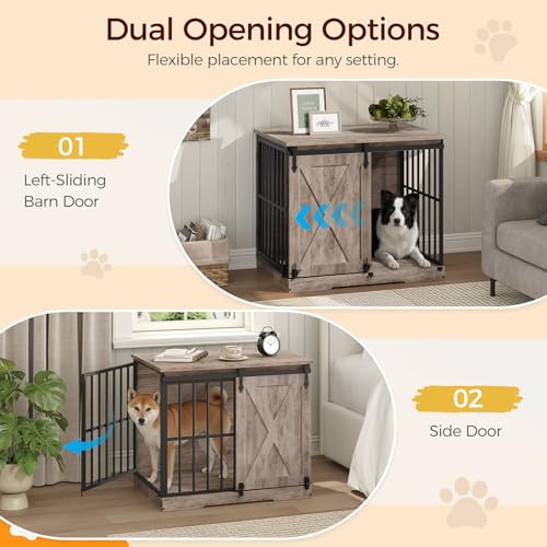 MAHNACRIS 31.5" Farmhouse Dog Crate Furniture with Barn Door, Heavy Duty Dog Kennel for Small Medium Dogs, Wooden Dog Cage End Table, Decorative Pet House, Chew Resistant, Greige DCHG8001 MAHANCRIS