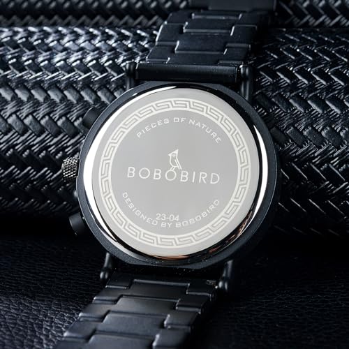 BOBO BIRD Wooden Mens Watches Large Size Stylish Wood & Stainless Steel Combined Chronograph Military Quartz Watch (Balck Wood Band) BOBO BIRD