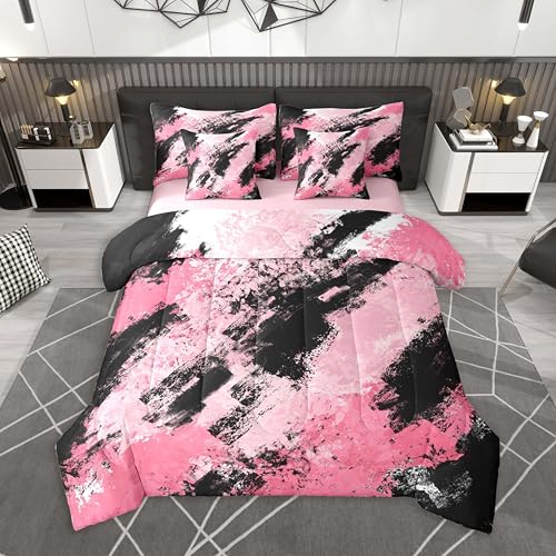 Feelyou Pink and Black Comforter Set with Sheets King Size Abstract Minimalist Bedding Set for Boys Girls Modern Geometric Bed in a Bag 7 Pieces Microfiber Feelyou