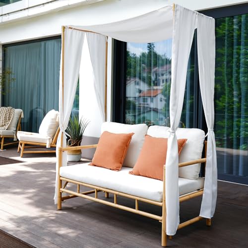Grand patio Outdoor Loveseat with Canopy, Metal Patio Loveseat Sofa with Thick Cushion, Tropical-style Patio Furniture Featuring Imitation Bamboo Finish, White Grand patio