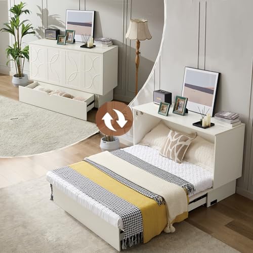 ZEIINPA Queen Size Murphy Bed Cabinet with Charging Station & Storage Drawer, Wall-Mounted Tri-Fold Mattress Space Saver for Bedroom, Living Room, Office (White) ZEIINPA