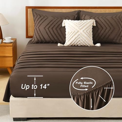 Litanika Queen Size Comforter Set with Sheets Brown - 7 Pieces Bed in a Bag Queen Chevron Tufted Complete Bedding Sets with Comforter, Sheets, Pillowcases & Shams