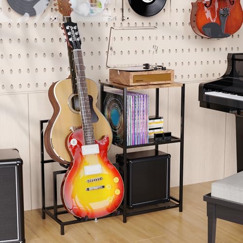VGMiu Guitar Rack Multi Guitar Stand for Multiple Guitars, Multiple Guitar Rack Holder with Side Shelf for Acoustic, Electric Guitar, Bass, Record Player, Guitar Display Stand for Home Music Studio VGMiu