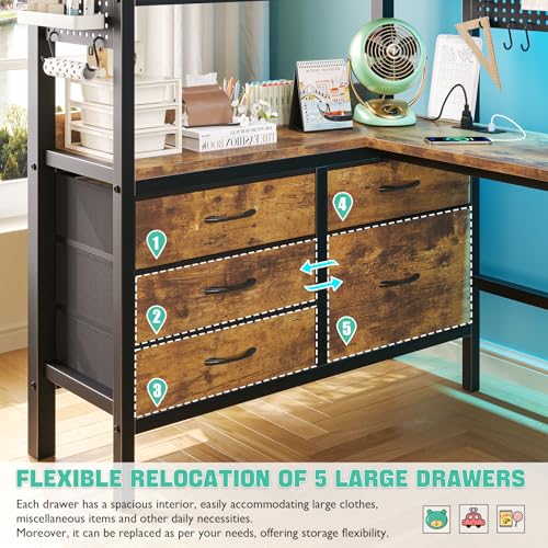 BYSAUD Loft Bed with Desk, Bunk Bed with Desk,Twin Loft Beds with L-Shaped Desk and Storage, loft Bed Twin Size with LED Lights & Charging Station, 5 Drawer&2 Pegboards, Safety Guard Ladder, Brown BYSAUD