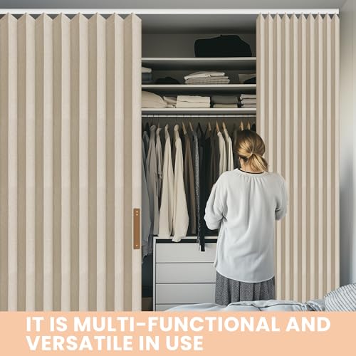 JILRON Accordion Folding Room Partition with Ceiling Track - Retractable Room Divider Curtain, Effortless Setup(Beige 100" W x 84" L-Pack of 1) Jilron