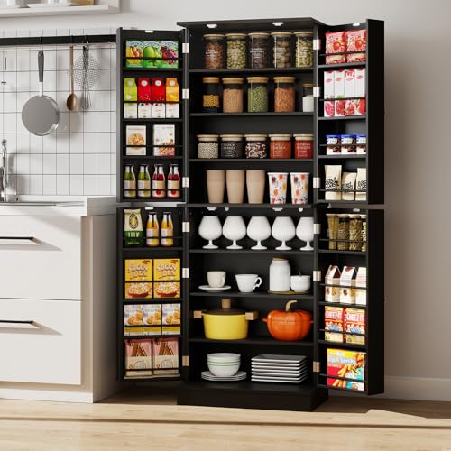 Giantex Kitchen Pantry Cabinet, 65.5" Tall Kitchen Hutch w/8-Tier Storage Cabinet, 16-Tier Door Shelves & Adjustable Shelves, 4-Door Freestanding Buffet Sideboard for Dining Room, Living Room (Black) Giantex