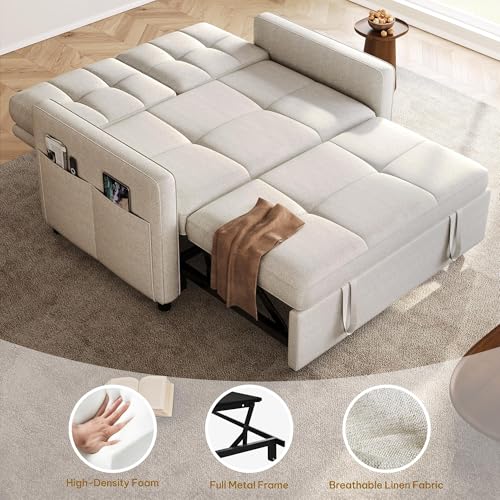 DWVO 55" Convertible Sofa Bed, 3-in-1 Sleeper Sofa with Pull-Out Bed, Linen Futon Couch with Adjustable Backrest and Side Pocket, Modern Loveseat for Living Room Apartment, Light Beige DWVO