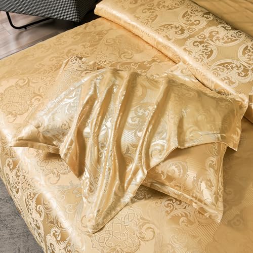 TUMAN Pro Duvet Cover Set European Luxury Satin Embroidery 3-Piece Bedding Set Soft Comfortable and Lightweight Gold Queen Duvet Cover (No Quilt) (Gold, Queen) TUMAN Pro