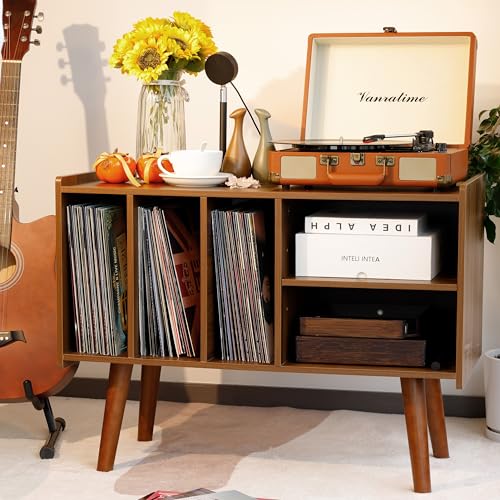 Record Player Stand with Vinyl Storage Holds Up to 300lb, Large Record Player Table Cabinet for Album Storage with Holder Vinyl Display Shelf, Wood Turntable Stand for Bedroom Living Room (walnut) LKKRO