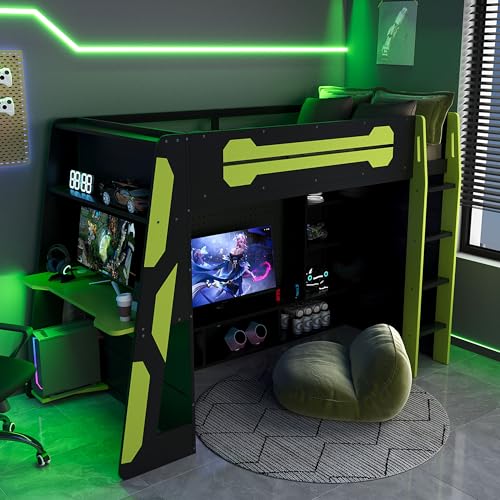 LUMISOL Twin Size Gaming Loft Bed with Desk, RGB LED Lights & Charging Stations, Wood Loft Bed Frame with Storage Bookshelves for Kids, Teens & Adults, Green + Black LUMISOL