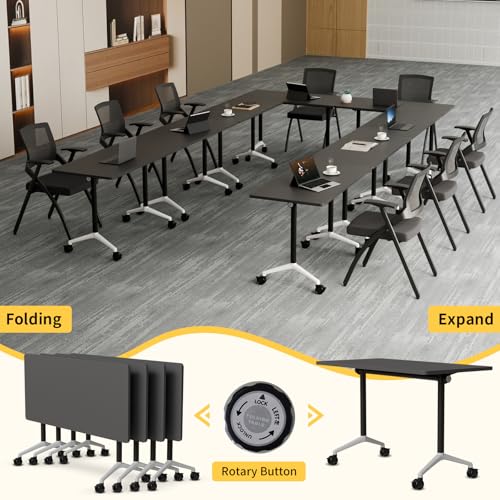 Conference Room Table, Mobile Folding Conference Table on Wheels, Modern Flip Top Stackable Training Tables, Heavy-Duty Modular Meeting Tables for Office Boardroom Classroom (8, Black-A, 55.1in) Lrxmastery