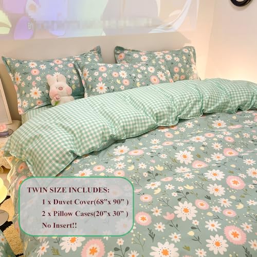 CinYana Sage Green Duvet Cover,Botanical Daisy Floral Duvet Cover Set,3 Pcs Kids Comforter Cover Set,Garden Flower Bedding Set,Soft Reversible for Girls Women Boys(Flowers,Twin) CinYana