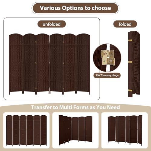 Duraspace 6 Panels Room Divider 6 FT Tall Weave Fiber Freestanding Double Hinged Extra Wide Folding Screen for Patio Privacy (Brown) DURASPACE