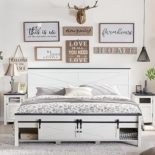 Farmhouse King Size Bed Frame with Sliding Barn Door Storage - JXQTLINGMU Antique White JXQTLINGMU