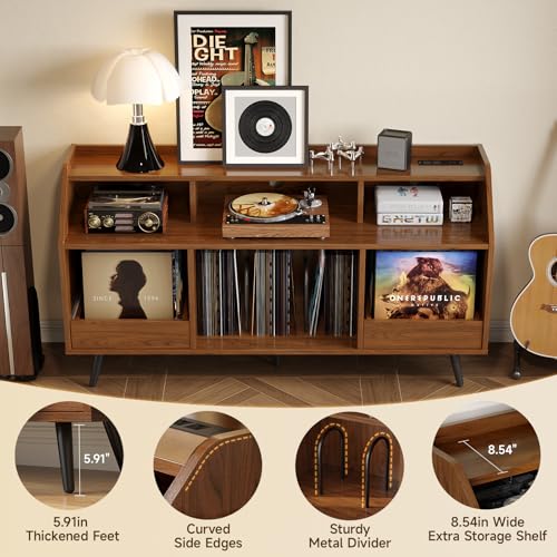 55 Inch Record Player Stand with LED Light, Modern Vinyl Record Storage Cabinet with 2 Drawers & Open Shelves, Holds up to 500 Albums, Turntable Stand w/Charging Station for Living Room Bedroom Walnut ONBRILL