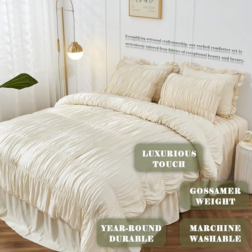 Bonlino Queen Comforter Set - Ruched Comforter Queen Size Bed Set Boho Shabby Chic Bedding for Bedroom Comforter Fluffy 3 Piece Ruffle Comforter Set with Pillow White Bedding Soft Bonlino