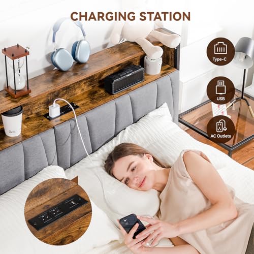 COMHOMA Platform Bed Frame with LED Lights and Charging Station, Storage Headboard and Footboard Drawers, No Box Spring Needed, Rustic Wood Look (Queen) COMHOMA