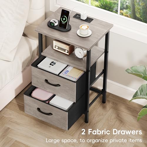 Vagusicc Night Stand Set 2, LED Nightstand with Charging Station, Bedside Table with USB Ports & Outlets, 24.2" Tall End Table with open Shelf, Bed Side Table with 2 Fabric Drawers for Bedroom, Greige Vagusicc