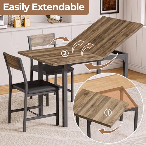 IRONCK 5-Piece Dining Table Set for 4, Extendable Kitchen Table Chairs Set of 4, Dining Room Table with 4 Upholstered Chairs, Folding for Small Space, Apartment, Walnut IRONCK