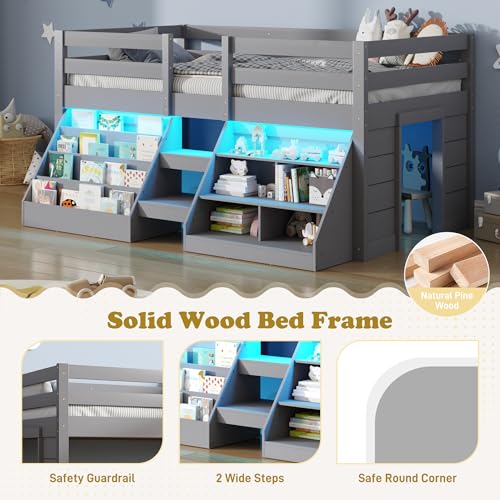 St.Mandyu Twin Size Low Loft Bed with LED Lights, Kids Twin Loft Bed with Stairs, Bookcase, Safety Guardrail and Under-Bed Play Space, Grey St.Mandyu