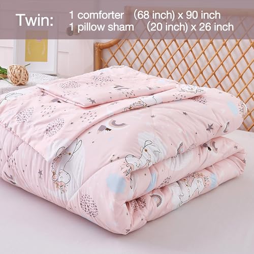 JSD Pink Unicorn Kids Comforter Set Twin Size, 2 Piece Girls Rainbow Microfiber Comforter with Pillow Sham, Lightweight All Season Washable JSD