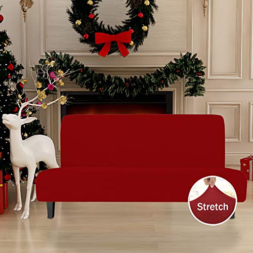 Easy-Going Stretch Futon Slipcover Armless Futon Bed Cover Furniture Protector Without Armrests with Elastic Bottom for Kids, Soft Jacquard Fabric Small Checks (Large, Christmas Red) Easy-Going