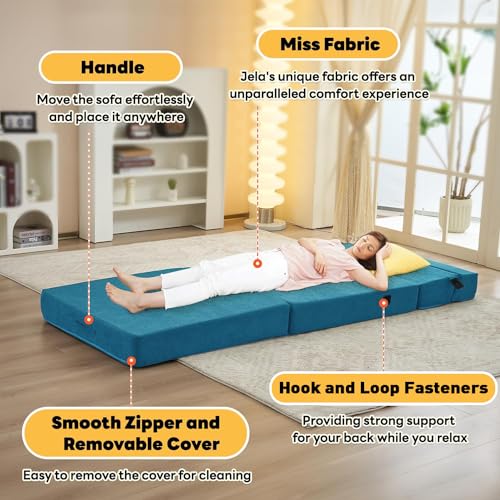 jela Foldable Sofa Bed, Convertible Sleeper Lounge Chair Floor Mattress Floor Couch with Backrest, Fold Out Futon with Washable Miss Fabric Cover for Guest Room, Living Room (83"x33",Teal) jela