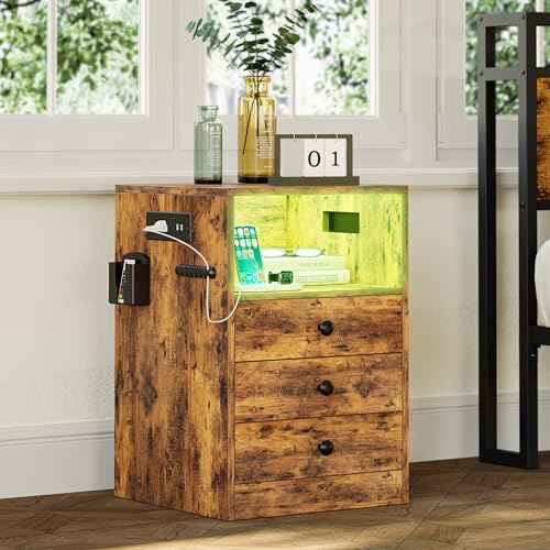 LIKIMIO Nightstand with Charging Station and 3 Drawers, LED Lights End Side Table with Interchangeable sockets and Hooks, Vintage Brown LIKIMIO
