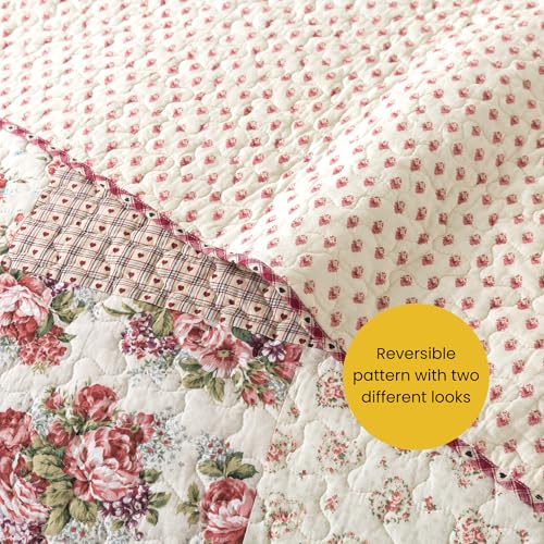 SLPR Country Roses Patchwork Cotton Pieced Quilt Set - Twin Size with 1 Sham, French Country Style Floral Bedding, Red Rose Farmhouse Quilted Bedspread with Flower Pattern SLPR