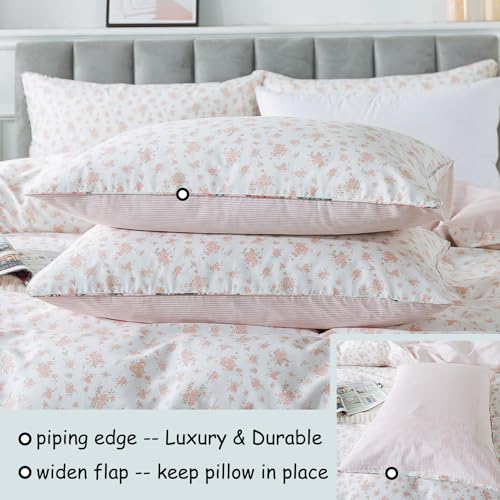 FADFAY Full Duvet Cover Set Pink Floral Comforter Cover 100% Cotton Girls Pink White Flower Bedding Garden Style Blush Bedding for All Season Soft Bedding with 2 Pillowcases, Full FADFAY
