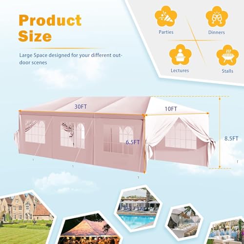 Flamaker Heavy Duty 10'x30' Party Tent – Waterproof Wedding Canopy, Outdoor Event Gazebo with Removable Sidewalls (White) Flamaker