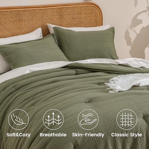 PHF Soft Waffle Comforter Set King Size- Comfy Breathable Waffle Weave Comforter with 2 Pillow Shams, 3 Pieces Less Snagging Lightweight Textured Bedding Set for All Season, Olive Green PHF