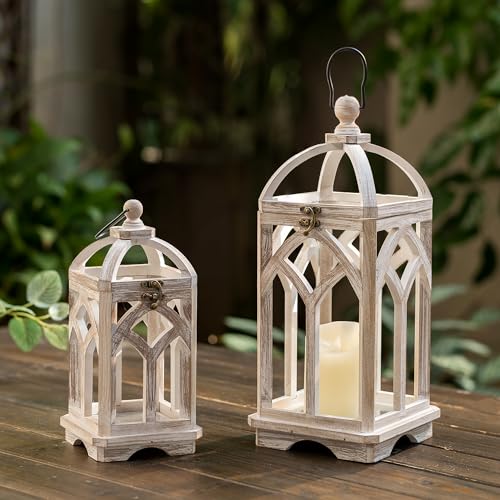 Staymoment Farmhouse Decorative Candle Lanterns Set of 2, Indoor Rustic Wooden Candle Holder for Table Centerpiece Fireplace Mantle, 12" & 16" Hanging Home Decor for LED & Real Candles, Whitewashed Staymoment