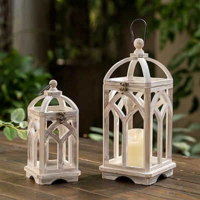 Staymoment Farmhouse Decorative Candle Lanterns Set of 2, Indoor Rustic Wooden Candle Holder for Table Centerpiece Fireplace Mantle, 12" & 16" Hanging Home Decor for LED & Real Candles, Whitewashed