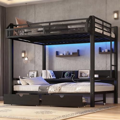 Full over Full Bunk Bed with Storage Drawers and Shelves, Metal Bunk Beds with Lights and USB Ports, Convertible Lower Bunkbed Full for Guest Room, Bedroom, Dorms, Multi-function and Noise-free, Black Bellemave