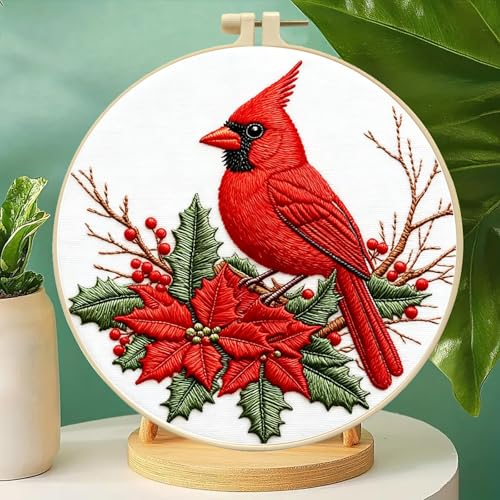 Zhenqing Red Bird Embroidery Kit for Beginners, Pre-Printed 29x29cm Cotton Fabric with 20cm Hoop, Vibrant Holly and Berries Winter Design (C0202)