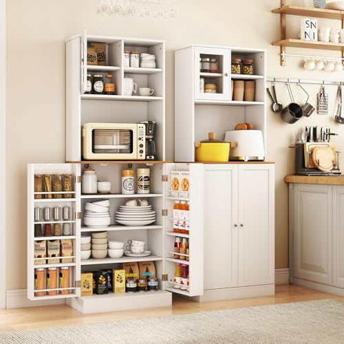 Giantex Kitchen Hutch Cabinet, 67" Tall Pantry Cabinet with Microwave Countertop, 8 Door Shelves & 5 Adjustable Shelves, Freestanding Cupboard with Glass Door for Living Room, Dining Room, White Giantex