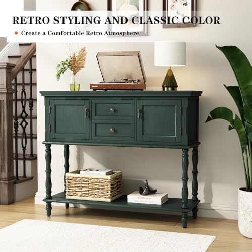 ARTPOWER Console Table with 2 Drawers, Retro Entryway Table with 2 Door Cabinets and Open Storage Shelf, Narrow Long Behind Couch Sofa Table for Living Room, Foyer, Hallway, Green ARTPOWER