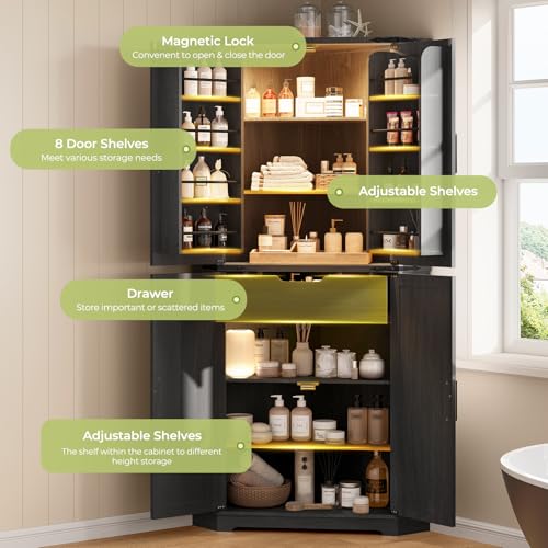 Dripex 71" Corner Cabinet Black, Farmhouse Kitchen Pantry Cabinet with Doors Storage & Adjustable Shelves, Tall Corner Storage Cabinet with LED Light, Food Pantry for Living Room, Dining Room Dripex