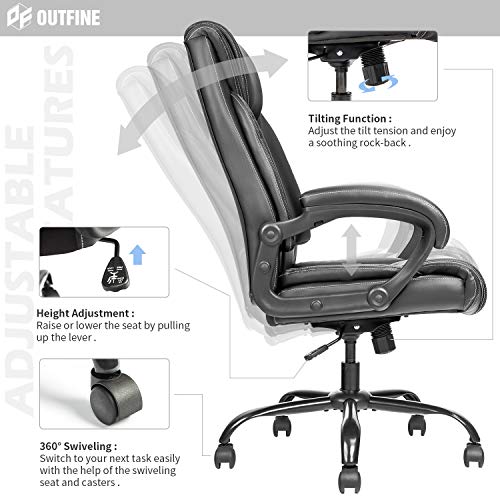 OUTFINE Office Chair Executive Office Chair Desk Chair Computer Chair with 5-Year hydrolysis-Resistant Leather Spring Cushion Ergonomic Support Tilting Function Upholstered in Bonded Leather Black OUTFINE