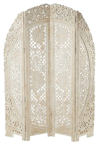 Deco 79 Wood Floral Handmade Foldable Arched Partition 4 Panel Privacy Screen with Intricately Carved Designs, Room Divider 60" x 2" x 72", White Deco 79