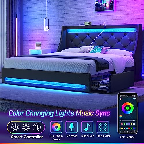 Rolanstar Full Bed Frame with LED Lights and Charging Station, PU Leather Bed with Drawers, Wooden Slats, Noise Free, Easy Assembly, Black Rolanstar