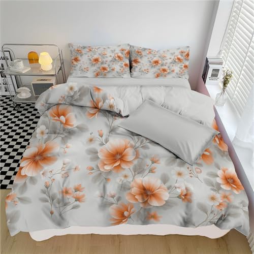 WIVCOMD Warm Orange Printed Duvet Cover Set - Modern Minimalist Bedding with 1 Pillowcases, Watercolor Wildflowers Soft Easy Care Microfibre Quilt Cover, Twin WIVCOMD